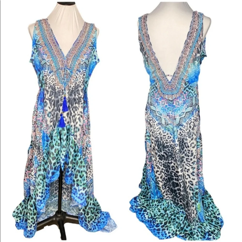 TRUE COLOURS By La Moda Blue Cat Vibrant HiLo Maxi Resort Dress Coverup NWT - Picture 4 of 10